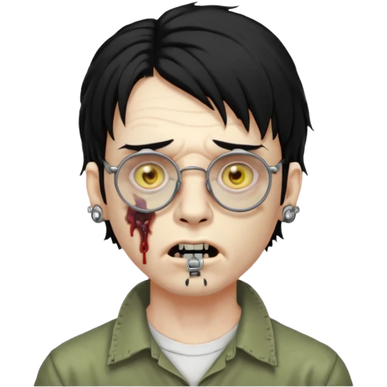 homem zumbi de óculos mullet piercing na boca piercing nas duas sobrancelhas duas orelhas giradas trágus esquerdo furado cabelo preto com muita olheira emoji