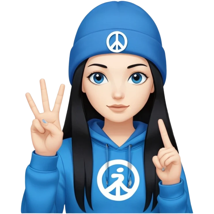 White woman with long black straight hair and blue eyes with long eyelashes and blue hoodie. i would like for her to be doing a peace sign with her fingers and be wearing a black beanie. i want the beanie to have the om symbol on it emoji