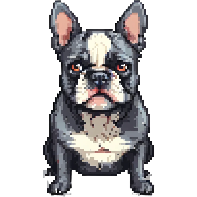 angry black and white French bulldog pixel art style emoji