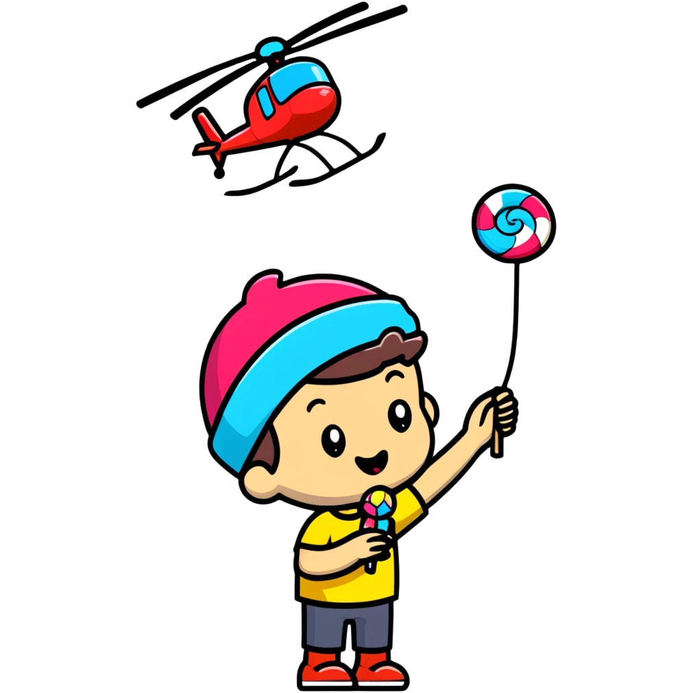 happy kid with helicopter hat eating candy emoji