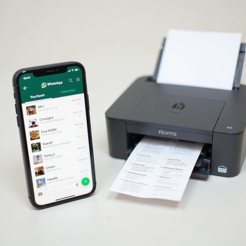 realistic thumbnail for a WhatsApp print out service, smartphone on the left side with WhatsApp open, chat showing various file types, printer on the right side printing out a variety of files, clean background emoji
