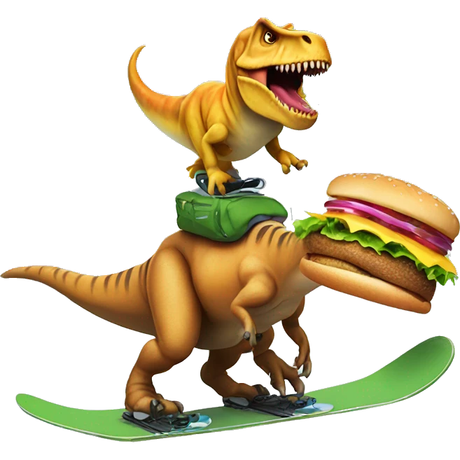 T-Rex snowboarding with cheeseburger  emoji