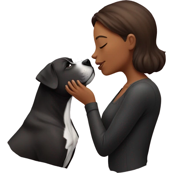 Brunette kissing big black pitbull dog, pink hearts emoji