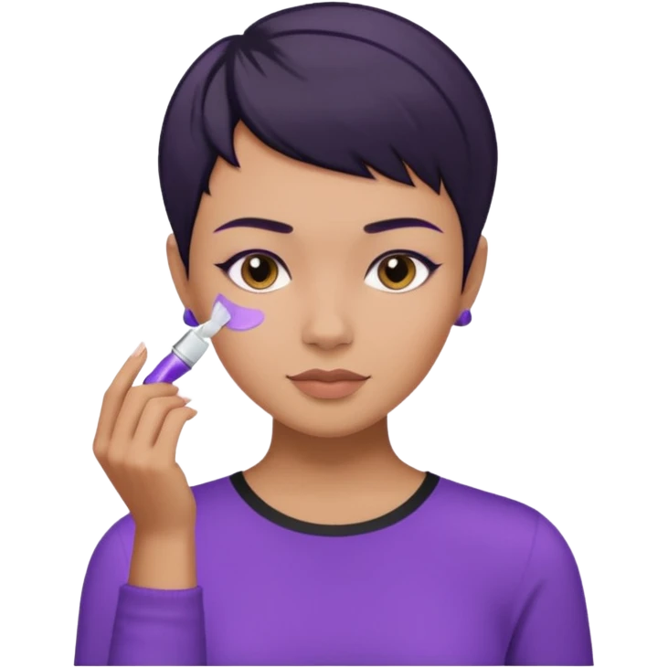 tan girl purple shirt with black hair & a pixie, doing her skin care emoji