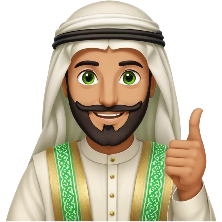 "Tanned Arab Saudi man with green eyes and a beard, wearing an agal and traditional attire, smiling happily and giving a big thumbs-u emoji
