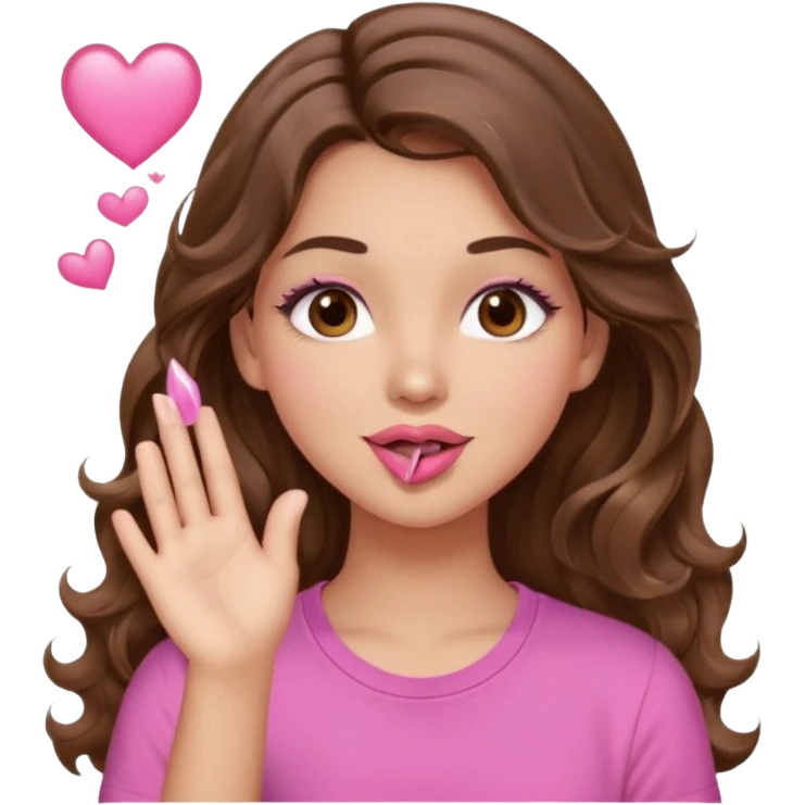 girl with long wavy brown hair, brown eyes, light to medium complexion, in a pink shirt, pink lips, long lashes, blowing a kiss emoji