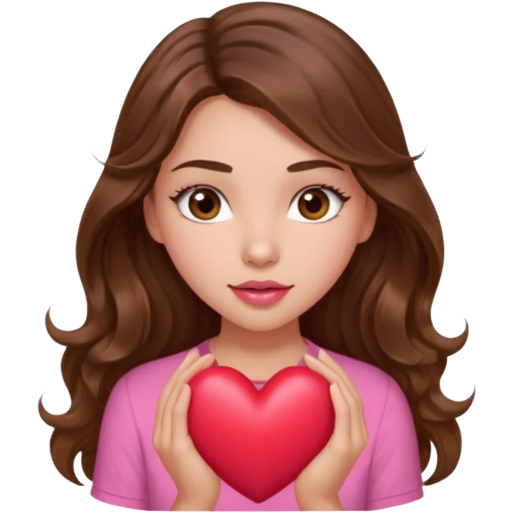 girl with long wavy brown hair, brown eyes, light to medium complexion, in a pink shirt, pink lips, long lashes, squeezing a big heart emoji