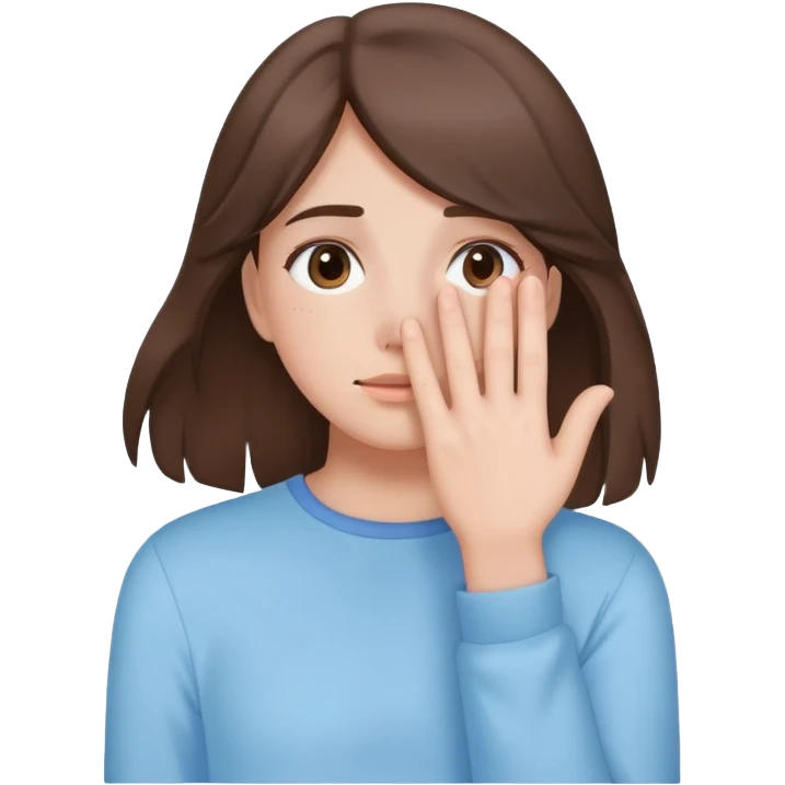 brunette girl with brown hair wearing pastel blue clothes covering her face with her hand emoji
