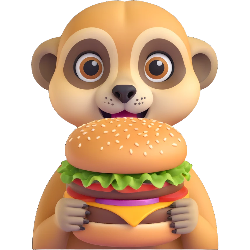 a meerkat face holding a burger in front of it, 3D emoji style emoji
