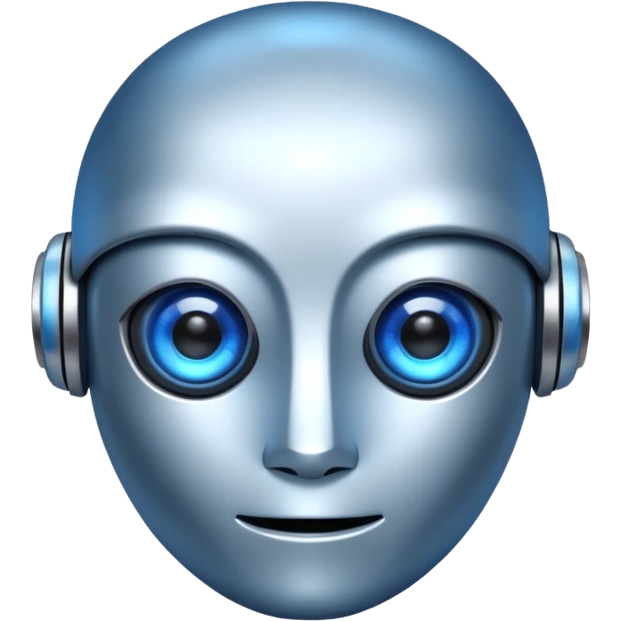 robot head, blue and white, cute and friendly, glowing blue eyes emoji