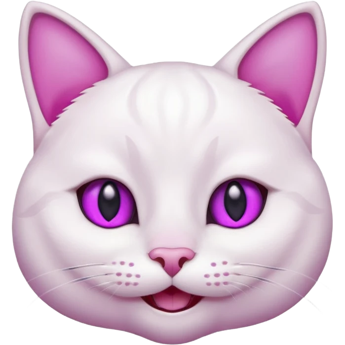 White cat happy smiling with teeth showing, light pink inner ears, magenta purple eyes, looks like discord's :smiley_cat: emoji emoji