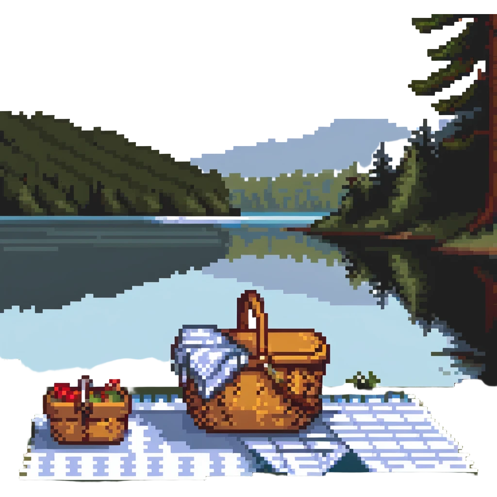 picnic basket and blanket next to a lake emoji