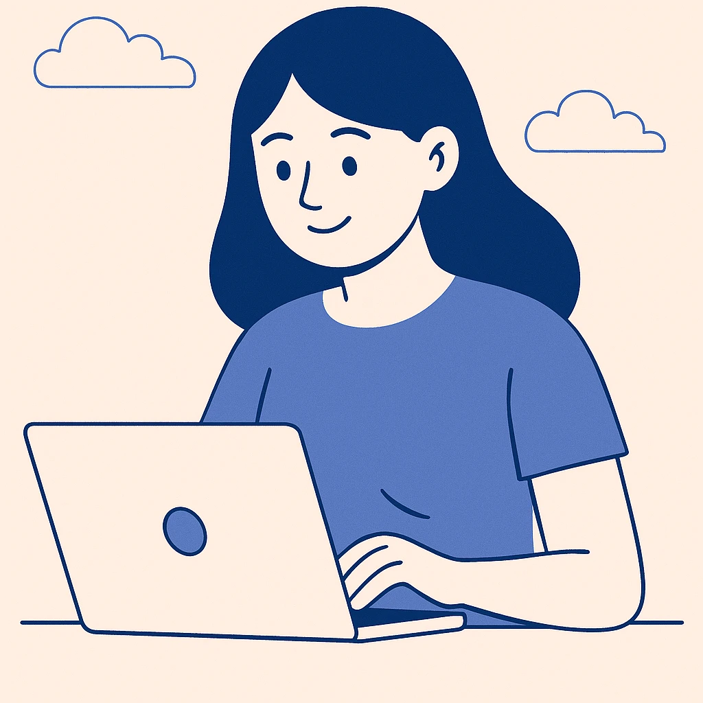 girl with black hair using a laptop, modern flat illustration emoji