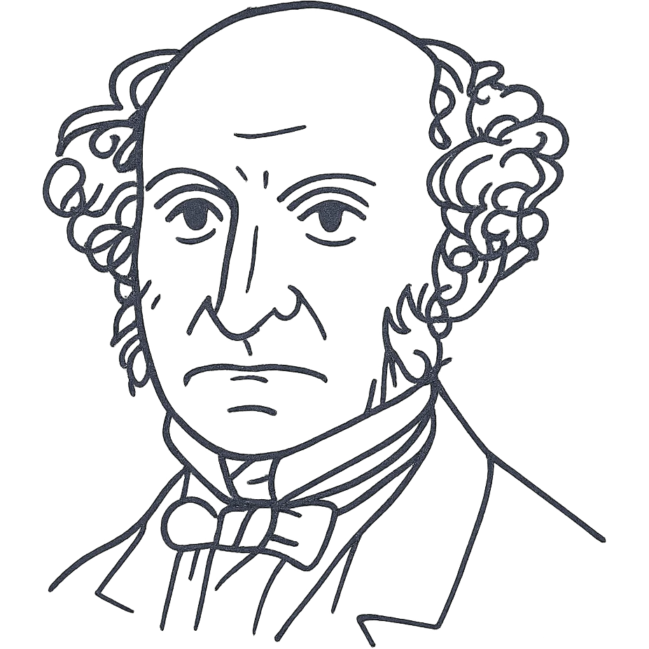 a hand drawn black outline portrait of philosopher John Stuart Mill with similar-sized eyes based a famous portrait of him, with fluffy hair emoji