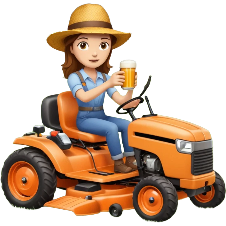 White woman with brown hair, without glasses wearing a straw hat, on old orange ride on lawn mower, holding a beer with one hand and holding the steering wheel with the other hand emoji