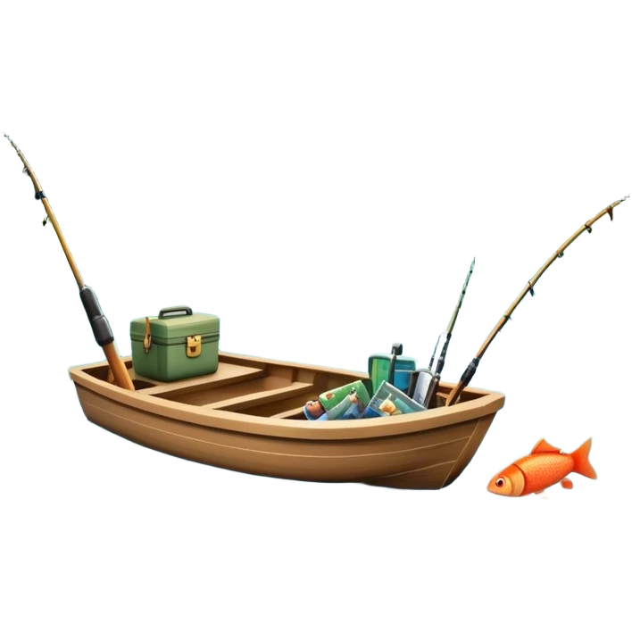 Icon for Fishing Travel: a boat on a calm lake surrounded by mountains and lush greenery, with fish jumping out of the water, a fishing rod, tackle box. The icon should capture the peaceful and adventurous nature of fishing trips. Transparent background. emoji