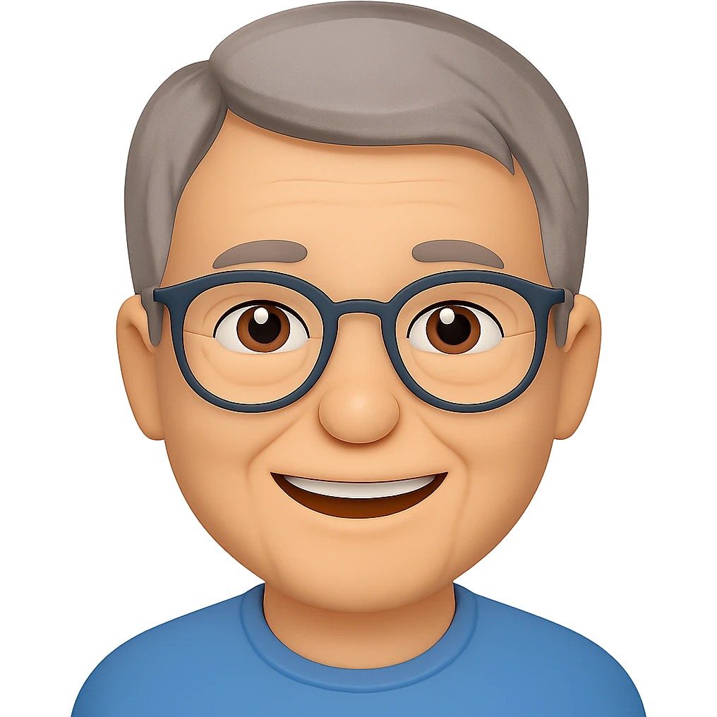 Make the middle aged Asian man look a little older with slightly gray hair, keep glasses, cheerful, in emoji style, no background. emoji