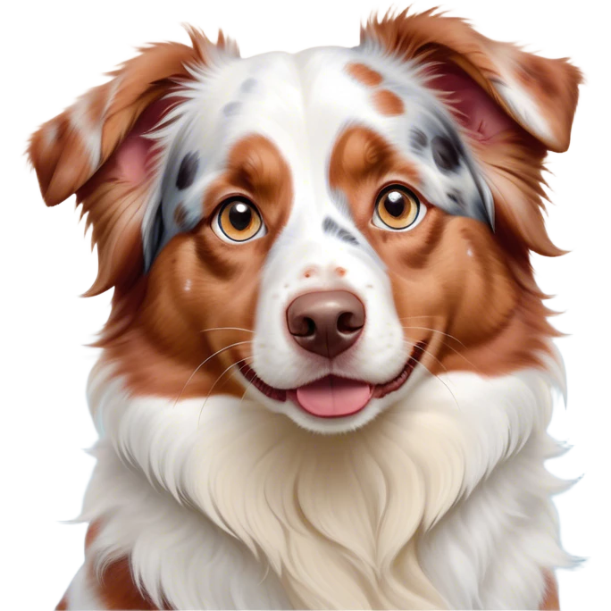 Cinematic Cute Predominantly White Red Merle Australian Shepherd Portrait Emoji, Head tilted playfully and inquisitively, predominantly white fur with vibrant red merle patches, round, sparkling blue eyes filled with curiosity, Simplified yet irresistibly adorable features, highly detailed, glowing with a warm, friendly glow, high shine, affectionate and lively, stylized with a touch of whimsy, bright and endearing, soft glowing outline, capturing the essence of a mischievous yet loving pup, so playful it feels like it could bound out of the screen and into your arms! emoji