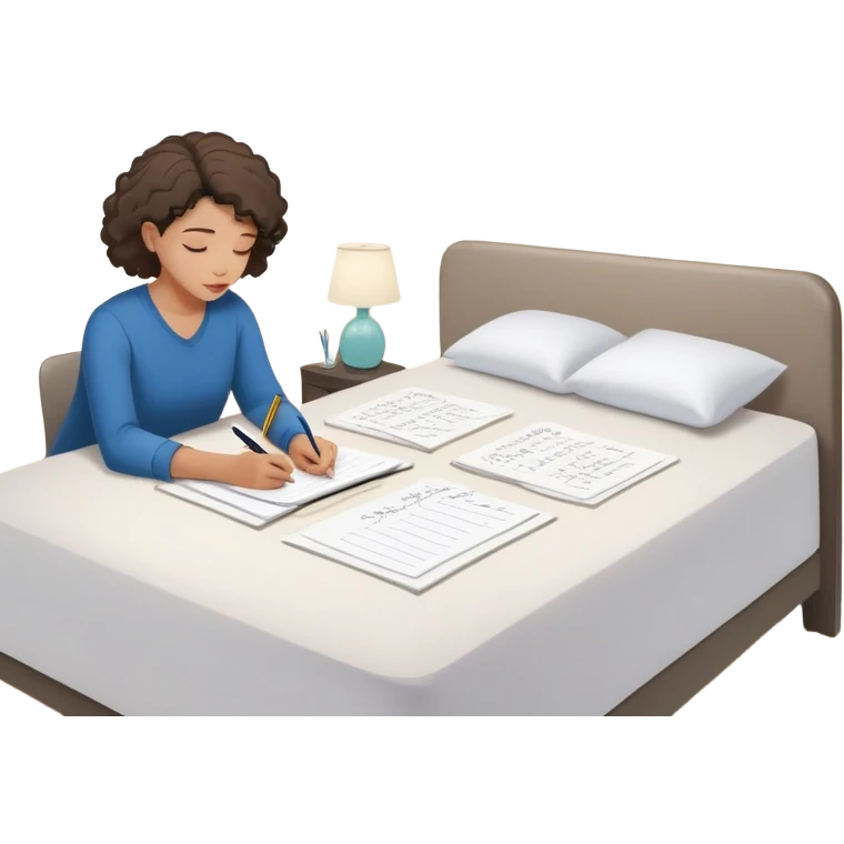 A person stands in a slightly messy room, mid-action—one hand writing a brain dump, the other smoothing out a freshly made bed. Three glowing notes are pinned nearby, marking their top priorities. A planner asks, “How can I make this easier?” Their face shows focus—not stress—activated emoji