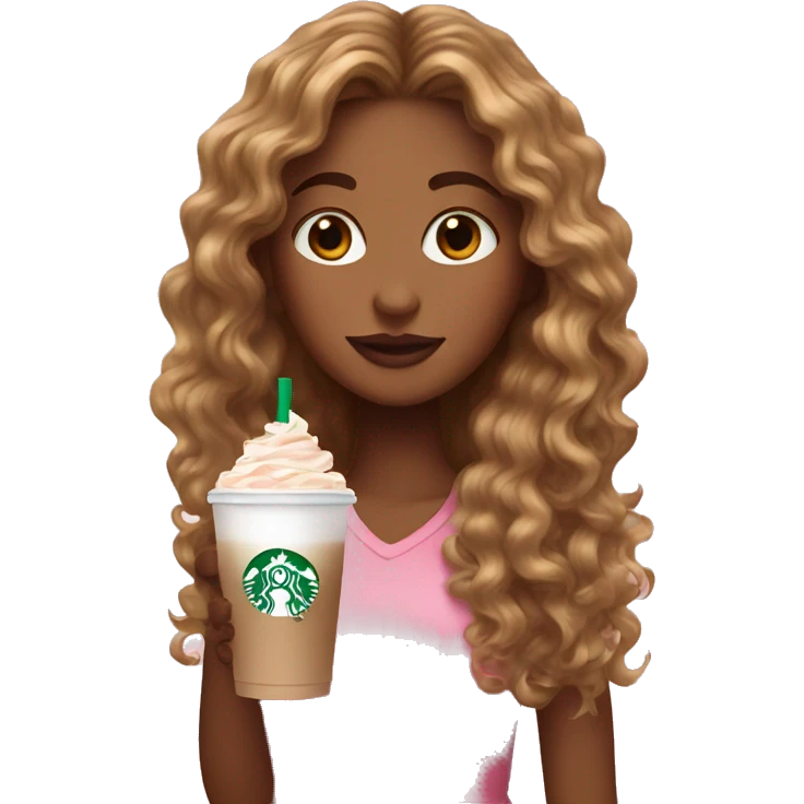 girl with brown and blonde ombré long curly hair holding Pink starbucks refresher emoji