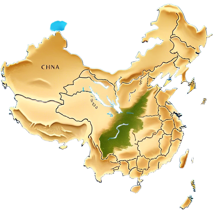 Cinematic-realistic outline of china, featuring its distinct landmass with accurately defined coastlines. The deep blue ocean surrounds the golden-brown continent, with subtle topographic shading to highlight its terrain. A soft glowing effect enhances the edges, making the shape stand out against a neutral, textured background. emoji