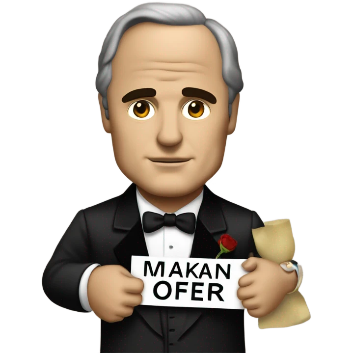 Marlon brando as the godfather holding a sign saying “Make an Offer” emoji
