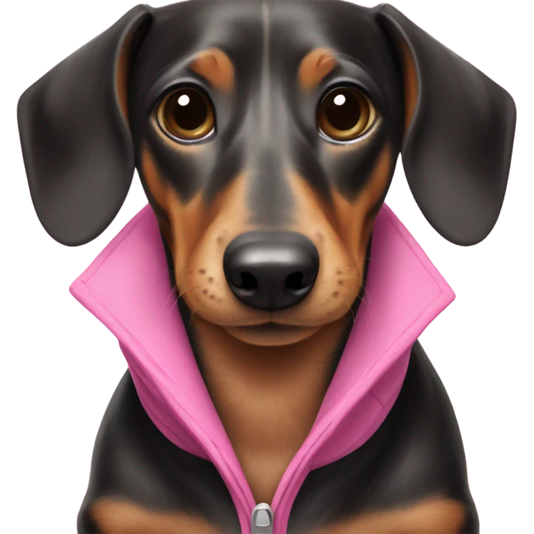 happy black brown and white dachshund wearing pink jacket emoji