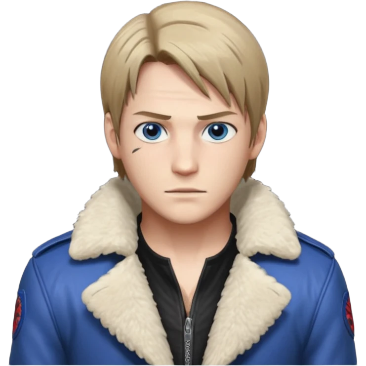 Leon Kennedy from resident evil 4 remake in sheepskin coat and black t-shirt blue eyes clean-shaved emoji