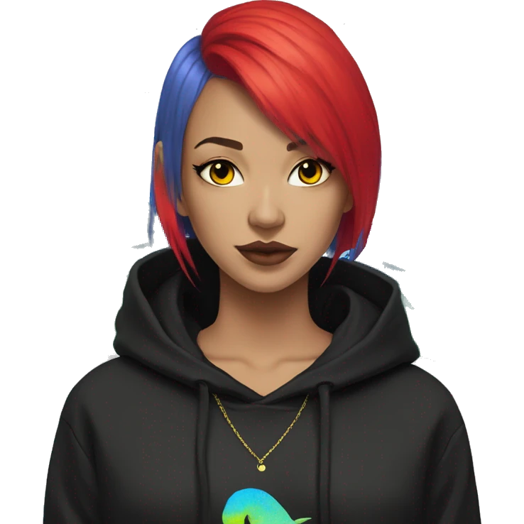 Lady with brunette and iridescent blue hair, gold, lime green dragon wings, black hoodie, bleach dyed, black and gold Nike t shirt, and bright red eyes emoji