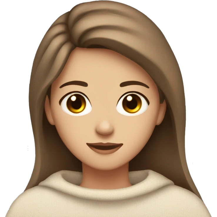 Brown haired 18 year old girl with hazel eyes white sweater in beige blanket  emoji