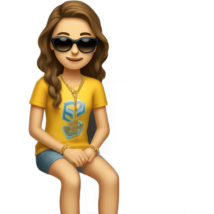 Funny Teen Caucasian girl sitting on couch with brown hair sunglasses and gold necklace  emoji