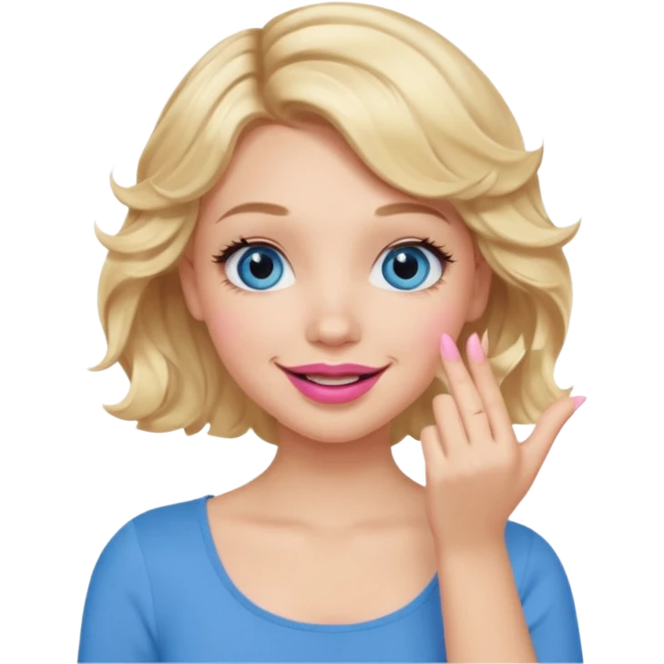 Girl Blonde short wavy hair,  blue eyes, cute blue top, long lashes, pink lips, smiling, hand covering the mouth emoji