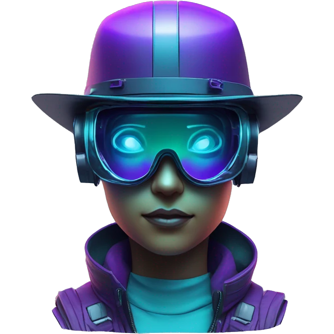 Secret humanoid agent in a futuristic hat with in Apple VR goggles headset code display on the goggles , cyberpunk, cyan and purple colors, only upper body portrait, front facing the camera  emoji
