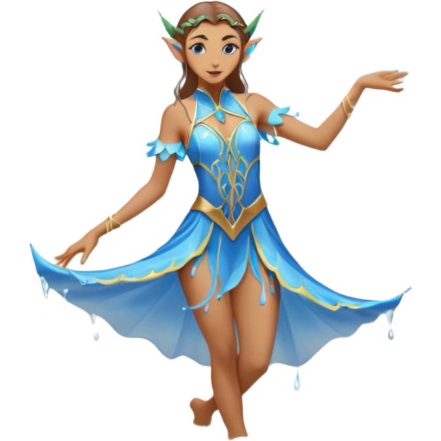 elf female dancer with water-like dress, graceful pose on wet sand, splashes, pointy ears, serene expression, centered emoji, ethereal blue colors emoji
