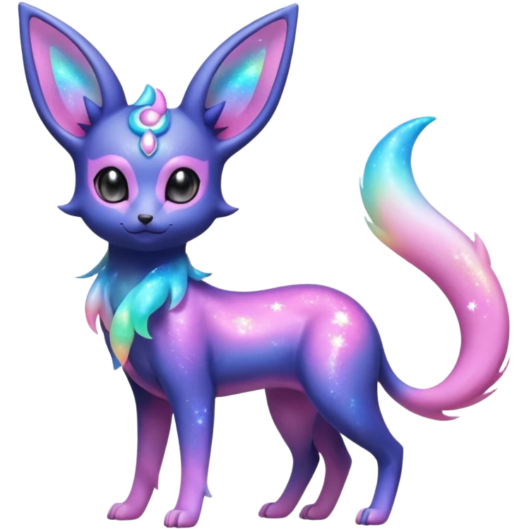 Shiny Iridescent Nebulae Espeon-Umbreon-Sylveon-Fakémon-hybrid-creature (full body)  with a galaxy-dust-flowing-gradient-tail emoji