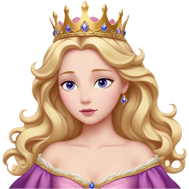 Cinematic Realistic Sleeping Beauty (Aurora) Portrait, with porcelain-like skin featuring a natural rosy flush, illuminated by soft lighting that highlights the gentle contours of her face. Her golden blonde hair flows in soft, detailed waves with subtle highlights that shimmer in the light. Her deep violet-blue eyes radiate warmth and innocence, framed by arched brows and long lashes. Her serene expression exudes quiet elegance. She is dressed in her classic pink gown, the fabric rich in texture with delicate folds that catch the light. A golden crown rests atop her head, gleaming with royal refinement. The portrait captures a soft, glowing aura, blending realism with an ethereal sense of beauty and timeless enchantment. emoji