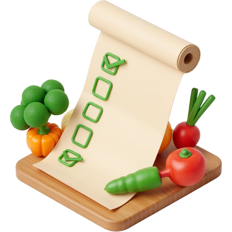 floating rolled paper list with green checkboxes and around vegetables emoji