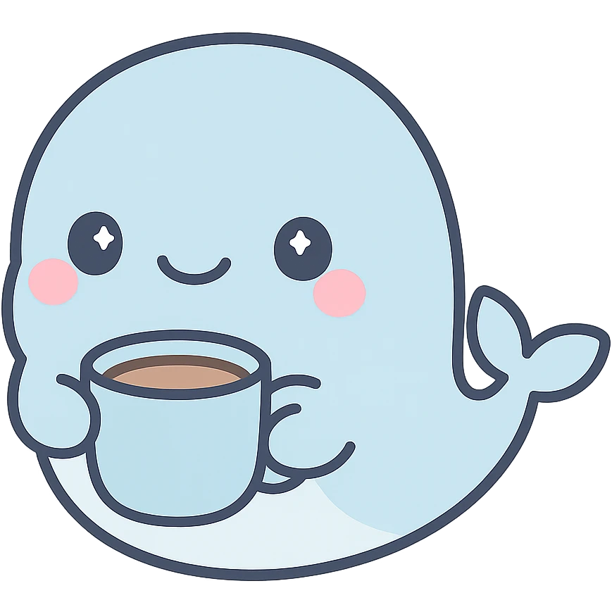 cute whale holding a cup of coffee in a blue cup, charming and friendly style emoji