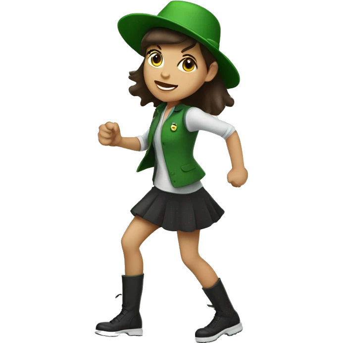 girl in hat kicking crowd with green accents and nothing behind her and she is brunette  emoji