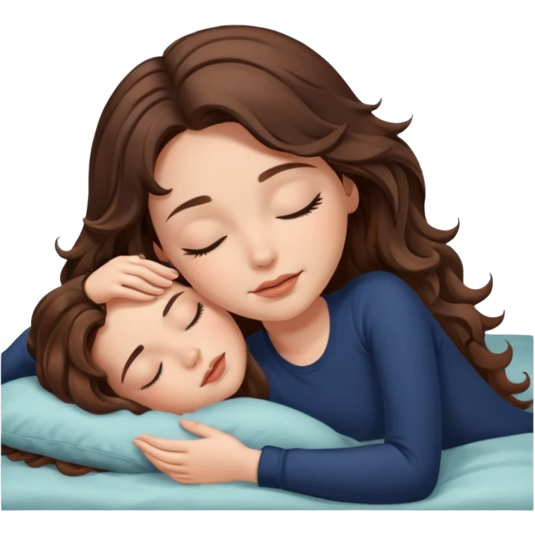 Um amenina super linda com cabelo marrom meio preto  com as pontas ondulado,  cabelo grande na cama deitada com o olho fechado  emoji