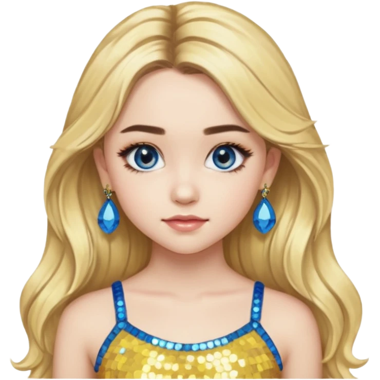 Sabrina Carpenter with long blonde hair, yellow sequin crop top, yellow earring, blue eye emoji