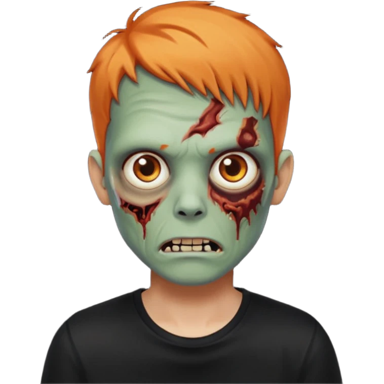 Faça uma zumbi com cabelos curtos e laranja, deve estar vestindo uma camisa preta e ter seus olhos castanhos emoji