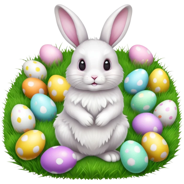 Elegant rabbit surrounded by colourful Easter eggs on light green grass emoji