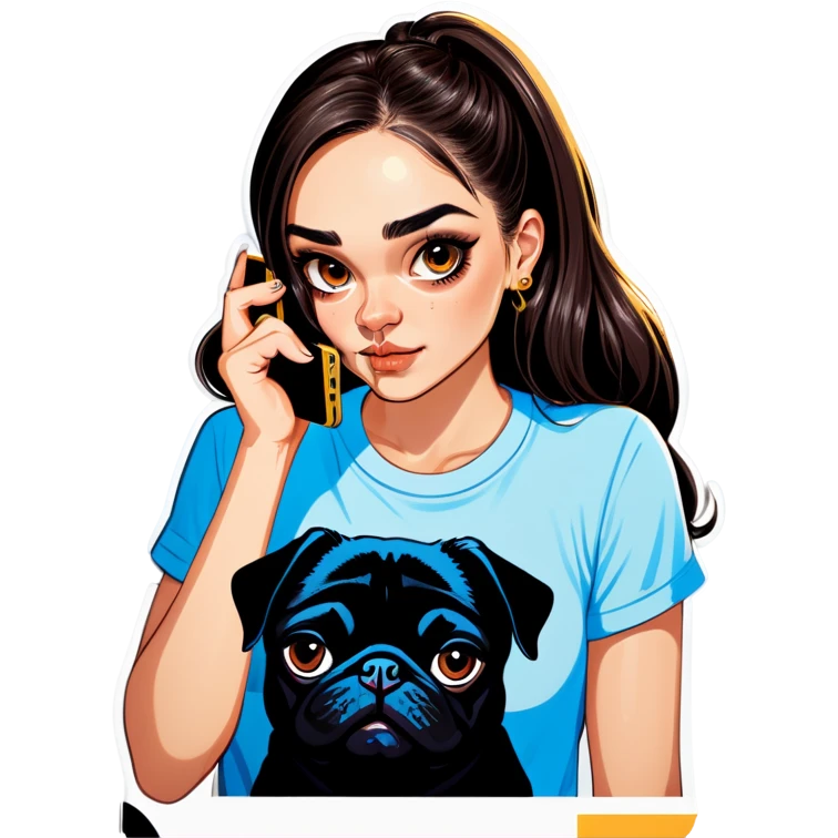 Beautiful young girl with choppy long dark brown hair flows over her her septum piercing is gold and shines as she holds her black phone and her large pug with an underbite layed beside her emoji