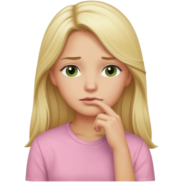 blonde with long hair and swamp-colored eyes, wearing a pastel pink shirt, thoughtful expression, hand on chin, iOS Apple emoji style emoji