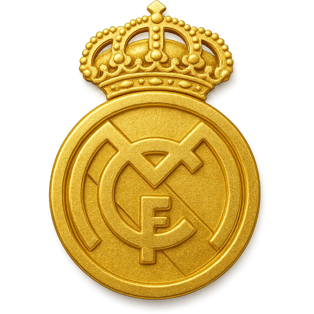 Add a luxurious golden effect to the Real Madrid logo in an emoji style with a transparent background. The style should reflect the look of emoji art with a focus on golden luxury and transparency. emoji