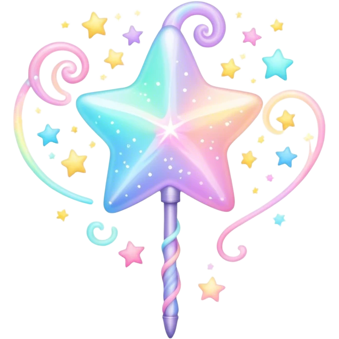 Cinematic cute magical wand, pastel swirls of color, tiny twinkling stars floating around, glowing softly, chubby rounded edges, whimsical and dreamy. emoji