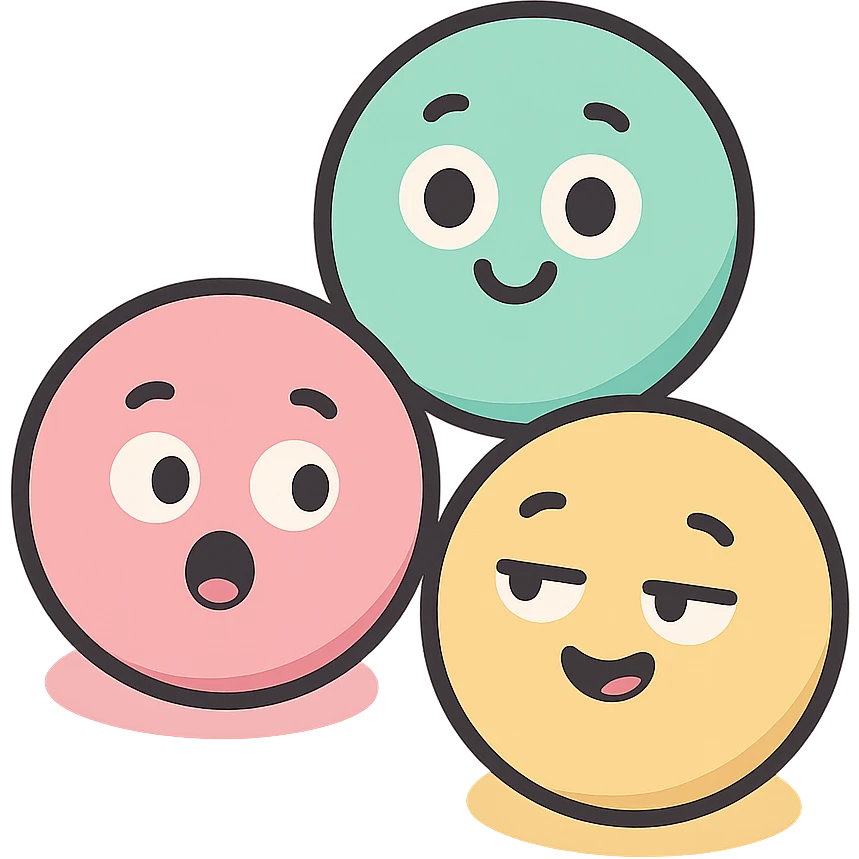 group of three pastel candy pastilles, different soft colors, rounded shapes, subtle shading, minimal details, icon style emoji