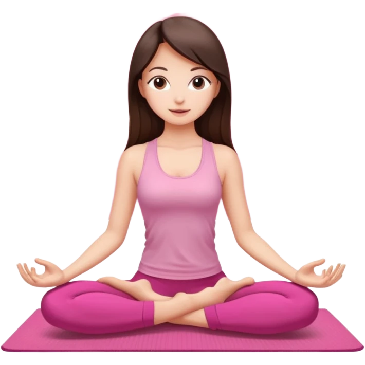Brunette mid straught hair girl. Slim. Doing loto yoga pose on a Pink set and a Pink mat emoji