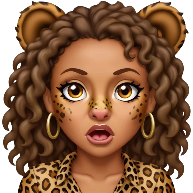 Melanie Brown with brown curls wearing leopard print and snarling with a scrunched nose emoji